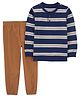 Carter's Knit Full Sleeves Striped Henley Neck T-Shirt & Solid Trouser Set - Blue & Brown