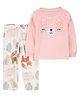 Carter's Knit Full Sleeves Night Suit With Animal Print & Applique - Pink