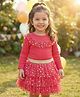Babyhug Cotton Knit Full Sleeves Top & Layered Skirt Set With Hearts Print - Red