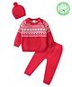 Babyhug Cotton Knit Full Raglan Sleeves Sweater Set with Cap Aztec Design - Red