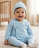 Babyoye Cotton Knit full Sleeves Front Open Solid Colour Sweater Set With Cap - Bight Blue