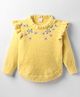 Babyhug Knitted Full Sleeves Extra Soft Hairy Eyelash Yarn Pullover Sweater With Floral Embroidery & Frill Detailing - Yellow