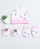 BUMZEE Cotton Bunnies & Hearts Printed Coordinating Cap Mittens & Booties Set - White & Pink