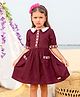 Tiny Twills Linen Half Sleeves Placket Embroidered Dress - Wine