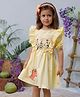 Tiny Twills Blended Half Sleeves Floral & Dinosaur Embroidered Dress - Banana Yellow