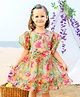 Tiny Twills Organza Half Sleeves Bow Detailed & Floral Printed Dress - Green