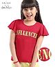 Arias Cotton Knit Flutter Sleeves Text Print Top - Rhinestone Red