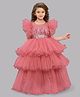 PinkChick Satin Ruffle Sleeves Pleated & Stone Embellished Layered Party Wear Gown - Rose Gold