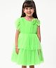 Babyhug Woven One Shoulder Sleeves Layered Party Frock with Frill Detailing & Bow Applique- Neon Green