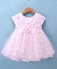 Babyhug Woven Half Sleeves Fit and Flare Dress Party Frock With Floral Print & Bow Applique- White & Pink