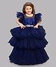 PinkChick Satin Ruffle Sleeves Pleated & Stone Embellished Layered Party Wear Gown - Navy Blue