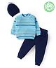 Babyhug Knitted Full Raglan Sleeves Striped Sweater Set with Cap - Light Blue