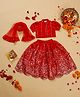 Saka Designs By Sapna Half Sleeves Mirror Work Embroidered & Sequins Embellished Net Lehenga Choli With Dupatta - Red