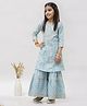 FlyFinns Cotton Three Fourth Sleeves Floral Printed & Gota Lace Embellished Kurta & Sharara Set - Blue