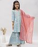 FlyFinns Cotton Three Fourth Sleeves Floral Printed & Gota Lace Embellished Kurta & Sharara Set - Sky Blue