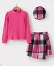 Kookie Kids Cotton Full Sleeves Turtle Neck Top & Checkered Skirt Set - Fuchsia
