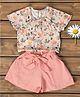 Bella Moda Linen Half Sleeves Floral Printed Crop Top With Solid Skort - Peach