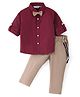 Mark & Mia Full Sleeves Solid Color Party Shirt & Trouser Set with Bow & Suspender -  Wine & Beige