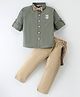 Mark & Mia  Full Sleeves Solid Colour Embroidery Detailed Shirt & Trouser Set with Bow & Suspender - Green & Beige