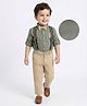 Mark & Mia  Full Sleeves Solid Colour Embroidery Detailed Shirt & Trouser Set with Bow & Suspender - Green & Beige