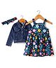 Babyhug Single Jersey Knit Full Sleeves Jacket & Floral Printed Frock with Headband - Navy Blue