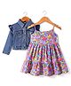 Babyhug Single Jersey Knit Floral Printed Frock With Full Sleeves Denim Jacket - Navy Blue