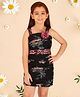Cutecumber Sleeveless Floral Printed & Sequins Embellished Net Ruched Dress - Black