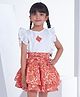 Soleilclo Cotton Sleeveless Frill Detailed Top With Floral Printed Skirt Set - Ivory & Orange