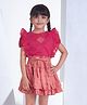 Soleilclo Cotton Half Sleeves Frill Detailed Top With Abstract Printed Skirt Set - Pink & Peach