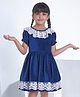 Soleilclo Puffed Sleeves Lace Embellished Velvet Dress - Navy Blue