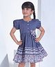 Soleilclo Cotton Puffed Sleeves Floral Applique Dress - Navy Blue
