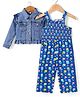 Babyhug Single Jersey Knit Smocking Detailed Floral Printed Jumpsuit With Full Sleeves Denim Jacket - Blue
