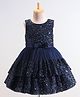 Mark & Mia Sleeveless Knee Length  Sequined Layered Party Frock with Bow & Pearl Detailing - Navy Blue
