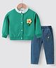Kookie Kids Full Sleeves Front Open Top & Pant Set with Floral Embroidery & Applique -  Green