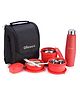 Oliveware Teso Lunch Box With Plastic Cutlery,3 Microwave Safe, Plastic Pickle Box and Steel Water Bottle-Red