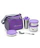 SOPL-OLIVEWARE Milano Lunch Box, Leak Proof, 3 Stainless Steel Containers with BPA Free Lids (300ml, 450ml, 600ml), Steel Spoon & Tumbler (400ml), Fabric Bag - Voilet