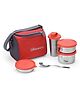 Oliveware Milano Lunch Box, Leak Proof, 3 Stainless Steel Containers with BPA Free Lids (300ml, 450ml, 600ml), Steel Spoon & Tumbler (400ml), Fabric Bag - Red