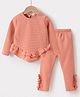 Kookie Kids Full Sleeves Top & Lounge Pants Set With Frill Detailing - Orange