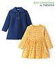 Babyoye Cotton Knit Full Sleeves Floral Printed Frock with Woolen Jacket - Yellow & Navy Blue