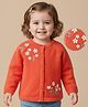 Babyoye Cotton Knit Full Sleeves Front Open  Sweater with Floral Embroidery - Orange