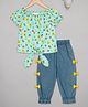Budding Bees Cotton Half Sleeves Sunflower & Strawberries Printed Top With Jeans - Blue
