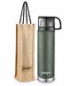 Pexpo Fererro |ISI Certified|Vacuum Insulated Hot & Cold Stainless Steel Flask|Jute Bag|- 1000ml Military Green|Steel Bottle|Thermoflask|Leak Proof|Travelling|School & Trekking|Office|Men, Women&Kids