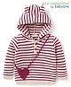 Babyoye Knitted Full Sleeves Hooded Striped Designed Sweater with Attached Sling Applique - Maroon & Cream