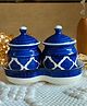 Niyara Multipurpose Storage Ceramic Pickle set Jars & with Lid & tray (Set of 2, 300 ML) (Blue)