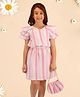 Cutecumber Flutter Sleeves Striped  Dress With Coordinating Hand Bag - Multi Colour