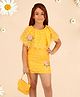Cutecumber Cape Sleeves Floral Lace Detailed A Line Dress With Coordinating Hand Bag - Yellow
