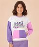Pine Kids Cotton Knit Full Drop Shoulder Sleeves Sweatshirt with Sequin Text Embroidery & Kangaroo Pockets - White Pink & Purple