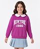 Pine Kids Cotton Knit Full Sleeves Text Printed Sweatshirt With Peter Pan Collar & Kangaroo Pockets - Purple