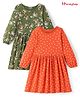 Honeyhap Premium 100% Cotton Full Sleeves Frocks with Floral & Polka Dots Print Pack of 2  - Green & Orange