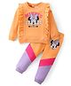 Babyhug Disney Terry Full Sleeves Top & Pant Set with Minnie Mouse Print & Frill Detailing - Peach & Lavender